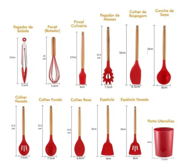 Kit Jogo 12 Peças Utensílios de Cozinha Silicone Antiaderente