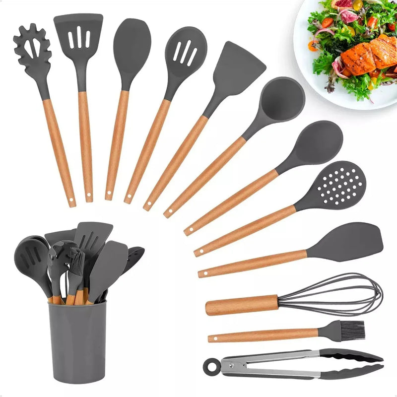 Kit Jogo 12 Peças Utensílios de Cozinha Silicone Antiaderente