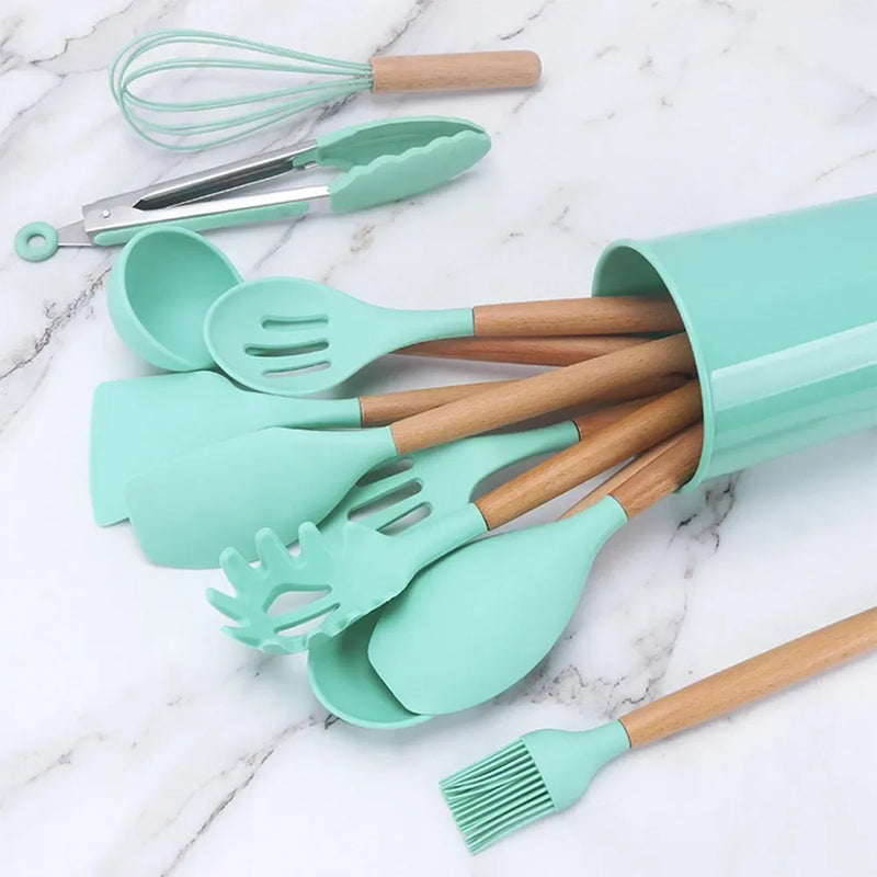 Kit Jogo 12 Peças Utensílios de Cozinha Silicone Antiaderente