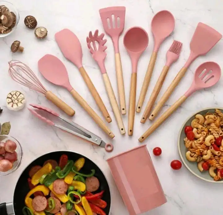 Kit Jogo 12 Peças Utensílios de Cozinha Silicone Antiaderente