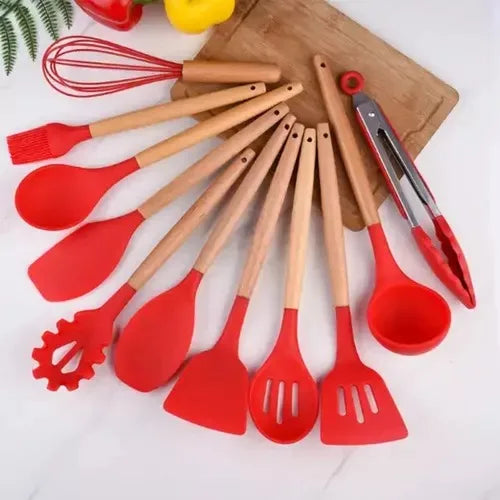 Kit Jogo 12 Peças Utensílios de Cozinha Silicone Antiaderente